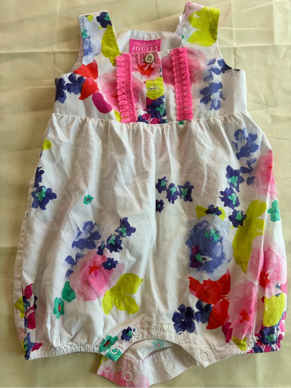 Joules White Floral Baby Bubble Romper with Pink Trim